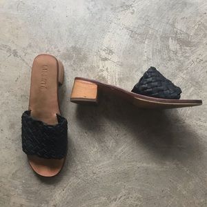 Woven Leather and Wood Slide Mules